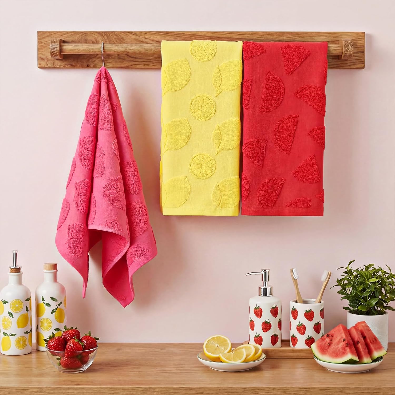Moukeren Fruit Hand Towels for Bathroom Lemon Hand Towels 30 x 13.78 Inch Summer Decorative 100% Cotton 3D Strawberry Watermelon Jacquard Absorbent for Bathroom Kitchen Tropical Theme Gifts