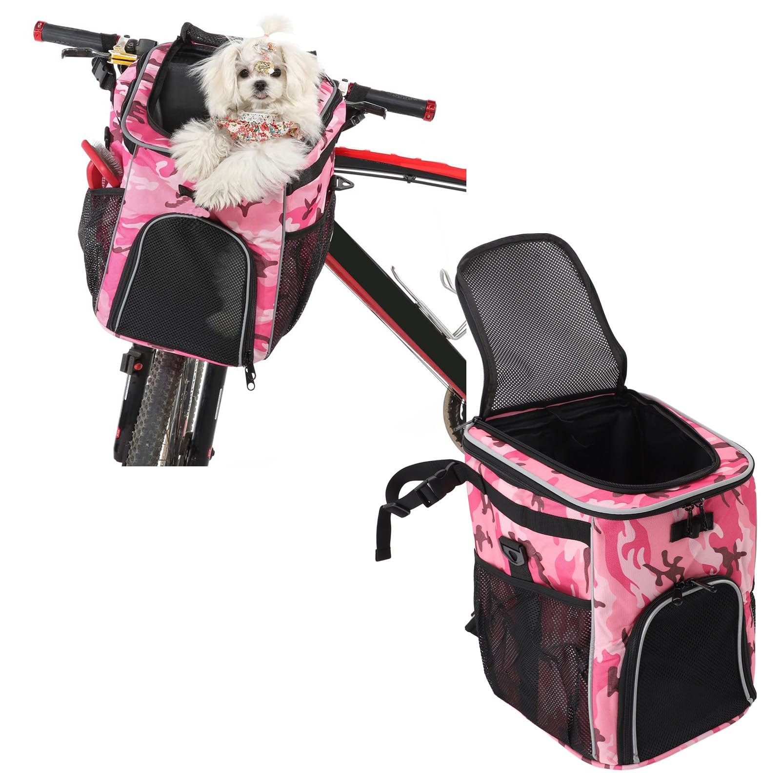Dog Bike Basket, Pet Bike Carrier, Removable Front Carrier Backpack with Side Pockets