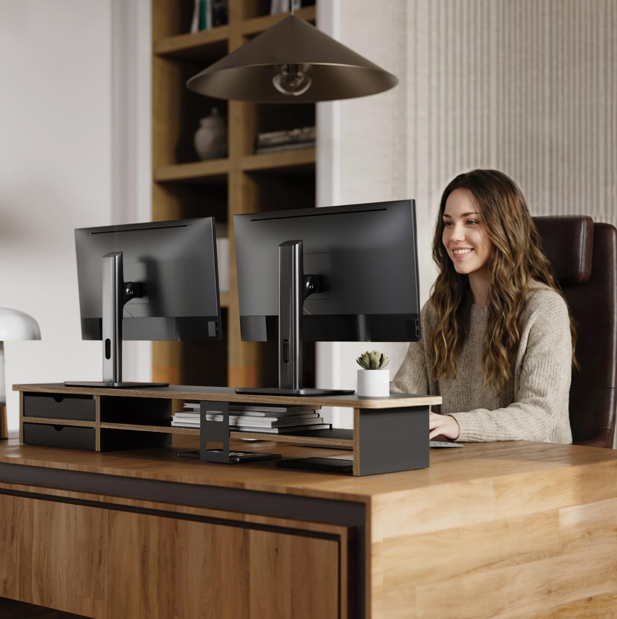 Fenge Supporto per Doppio Monitor con 2 Acrilico Cassetti, Supporto per Monitor in Legno per PC/Laptop/stampante 108x23,5x14cm (Nero)