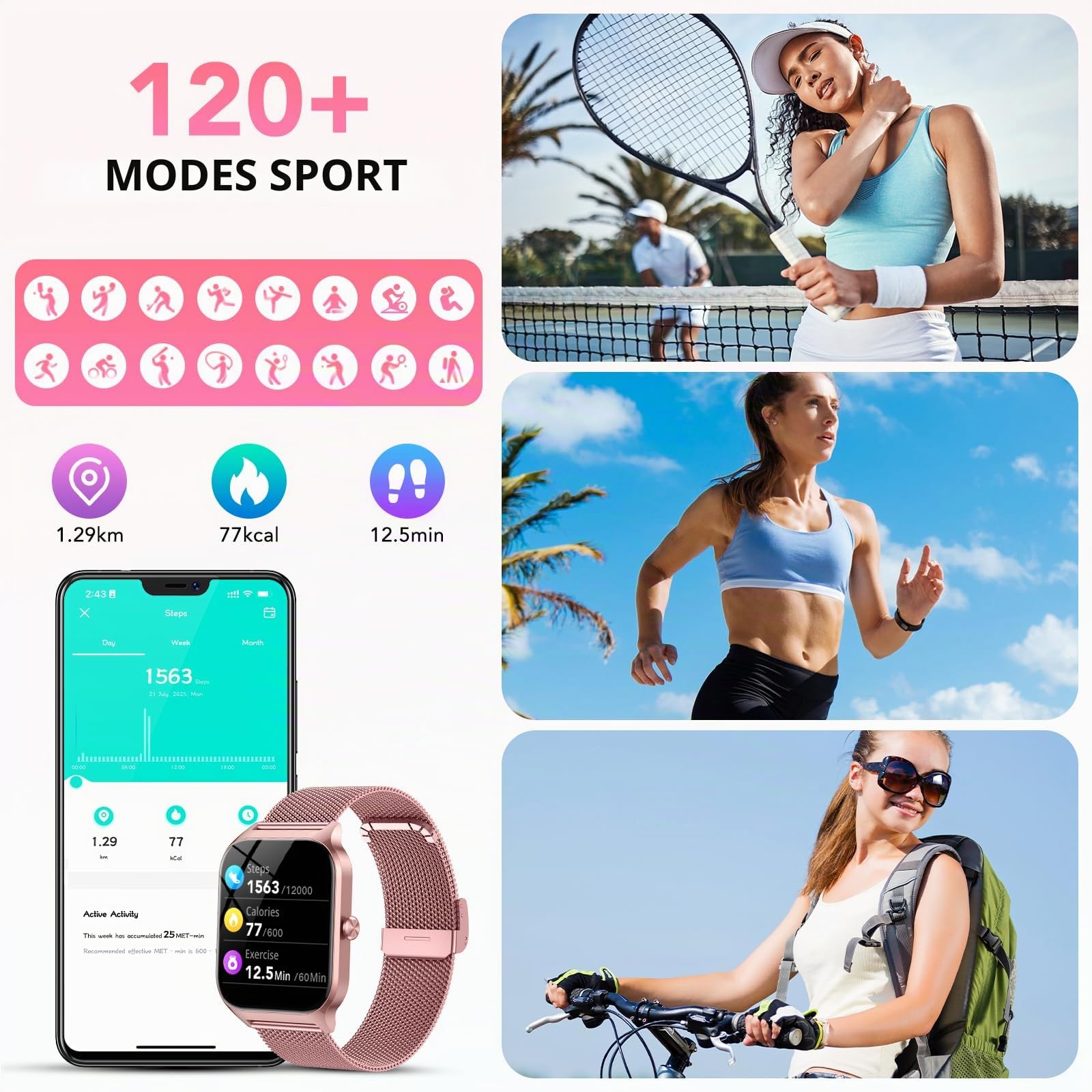 Montre Connectée Femme avec Appel Bluetooth, 1.85" HD Fitness Tracker Smart Watch, 120+ Modes Sportifs, Sport Smartwatch avec Podometre Moniteur de Sommeil Fréquence Cardiaque SpO2 pour Android iOS
