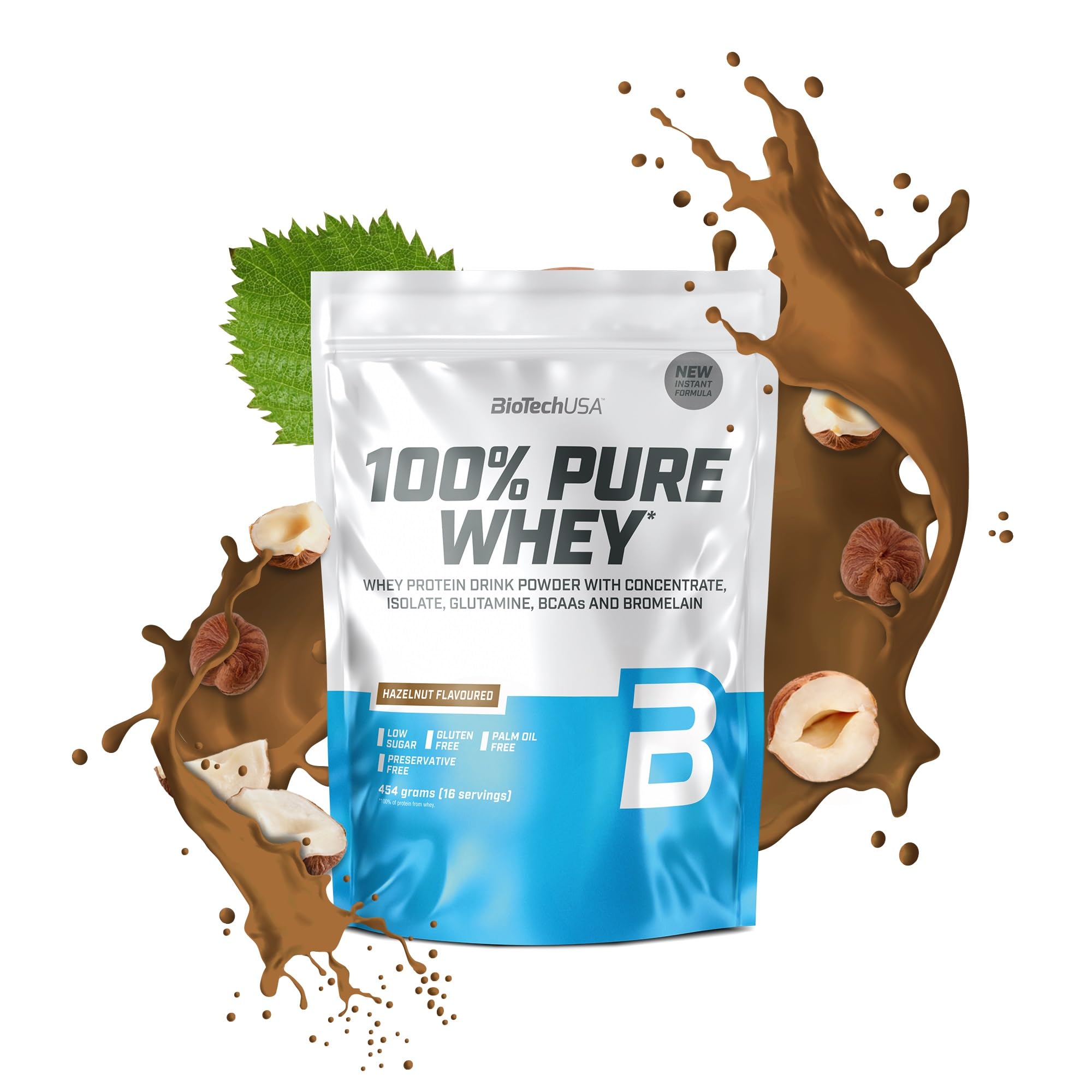 BioTechUSA100% Pure Whey | Protein Powder with BCAA and Glutamine | Gluten-Free, Palm Oil Free | 21g Protein per Serving, 454 g, Hazelnut