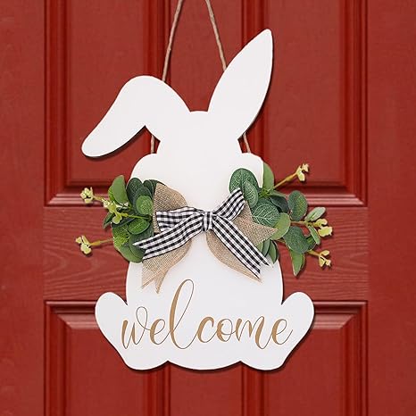 Easter Decorations Door Hanging Sign - Cute Wooden Bunny Wreath Welcome Rustic Bunny with Bow & Leaves