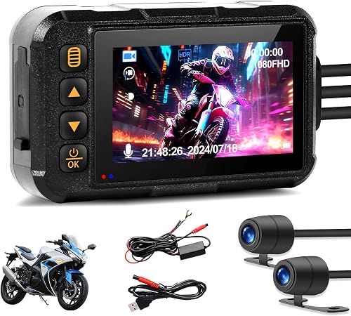 CAMECHO Moto Dash CAM Pantalla 3 Pulgadas, IP67 Impermeable, Doble Cámara Gran Angular 120 Grados, Cámara para Moto de 90 Grados con HDR, Sensor G, Grabación en Bucle