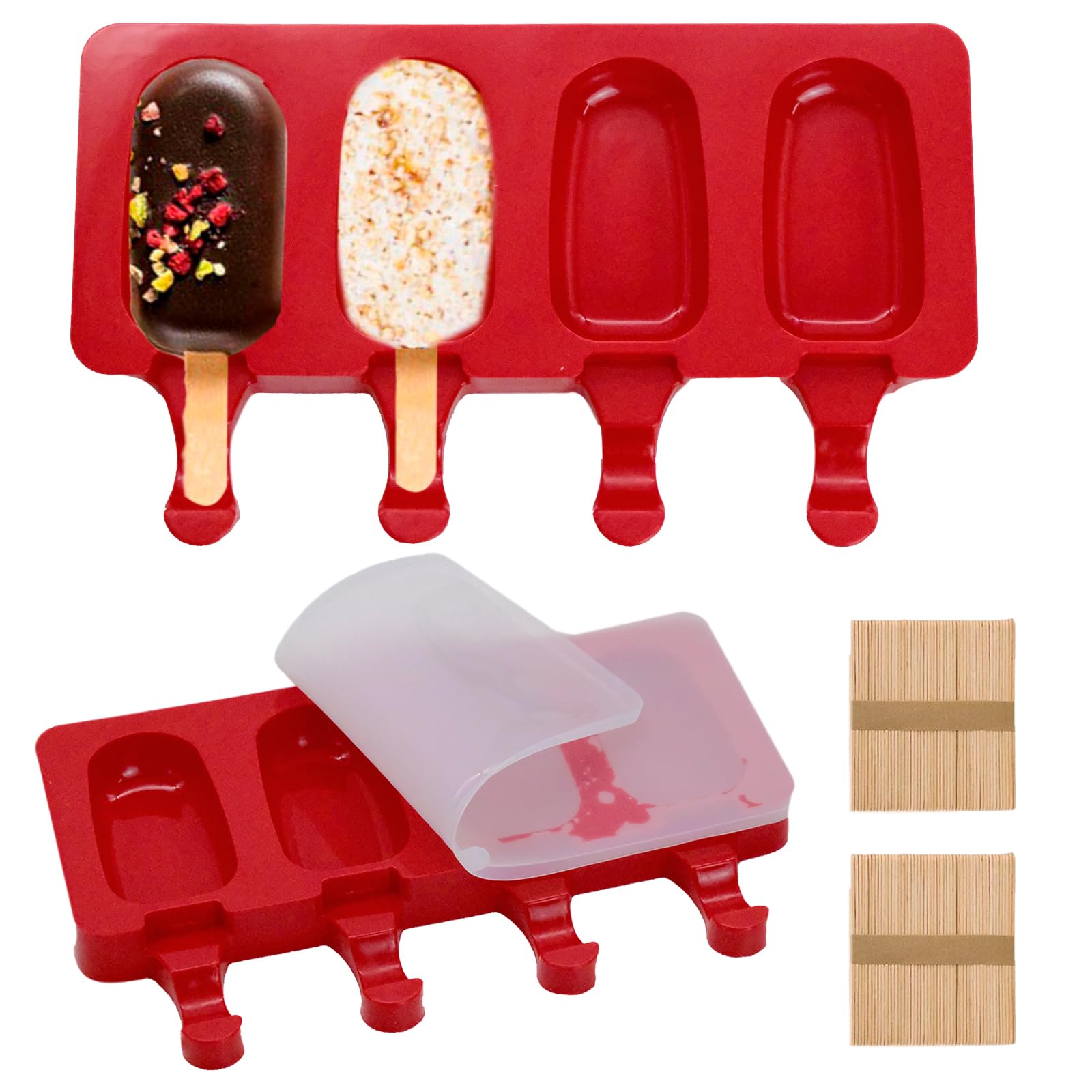 Inheming 2Pcs Non-Stick Cakesicle Moulds, Homemade Oval Popsicle Maker, Lolly Moulds with Sticks with 2 Lids & 100 Wooden Sticks,for DIY Ice Cream, BPA-Free
