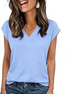 Womens Tops Cap Short Sleeve Textured Blouse V Neck Summer Spring Shirts Business Casual Outfits