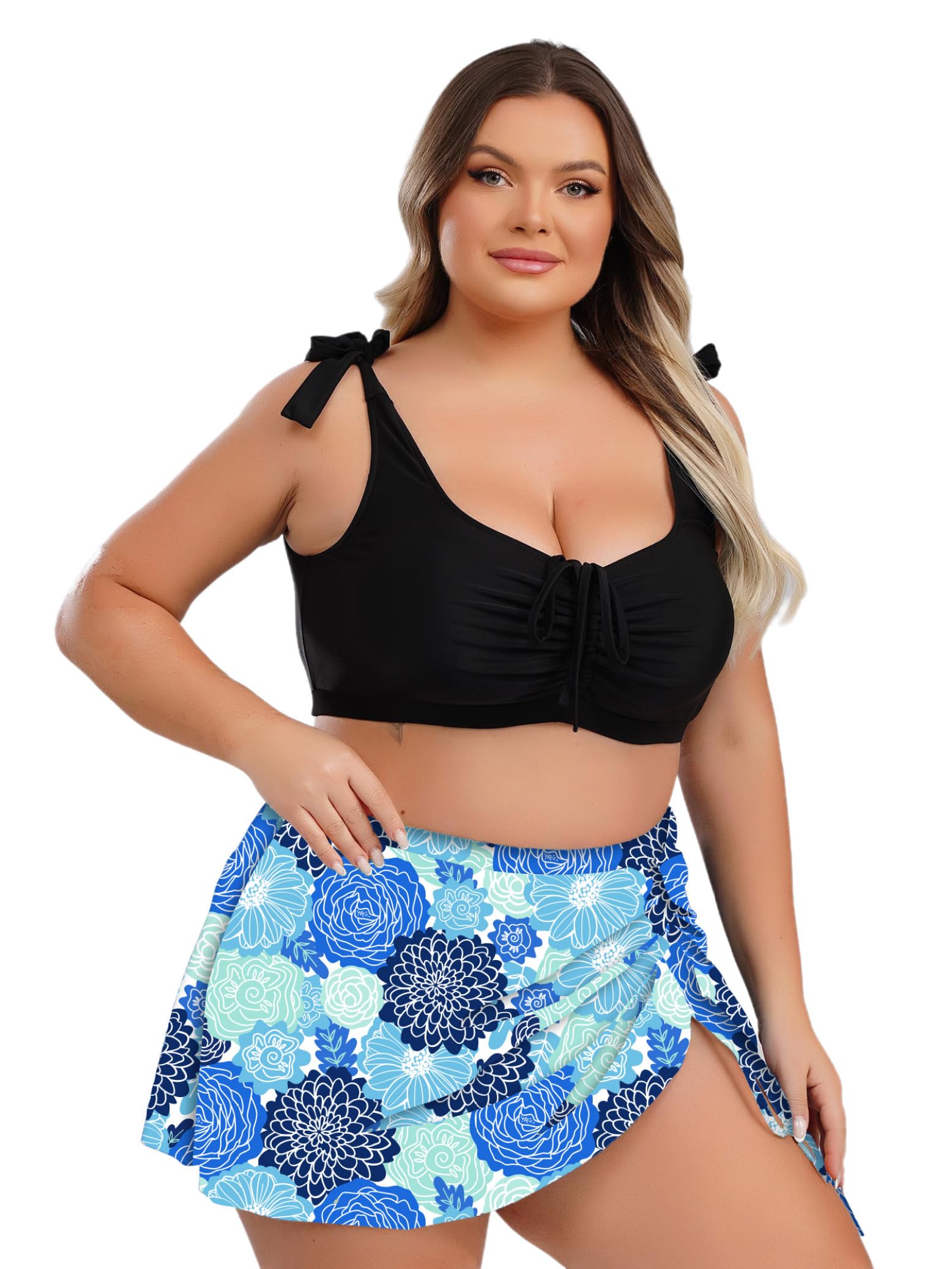 Eandarui Women 2Pcs Graphic Print Plus Size Swimsuit Drawstring Cropped Tops with Swim Skirt Set Beach Bathing Suit Blue Floral X-Large