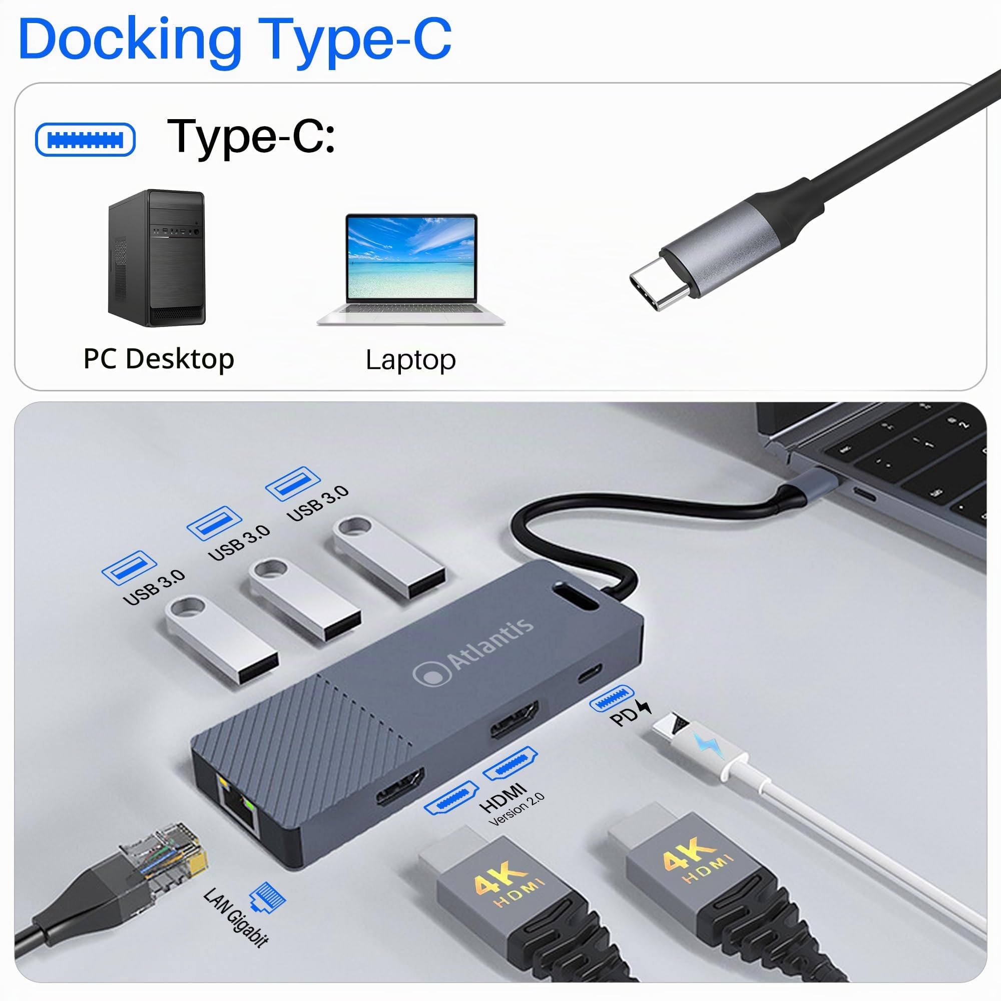 ATLANTIS Docking Station USB-C con Dual Display HDMI 4K, LAN Gigabit RJ45 | 3 porte USB 3.0, PD 85W, cavo 18 cm, compatibile con notebook, cod. A04-TC_DK48