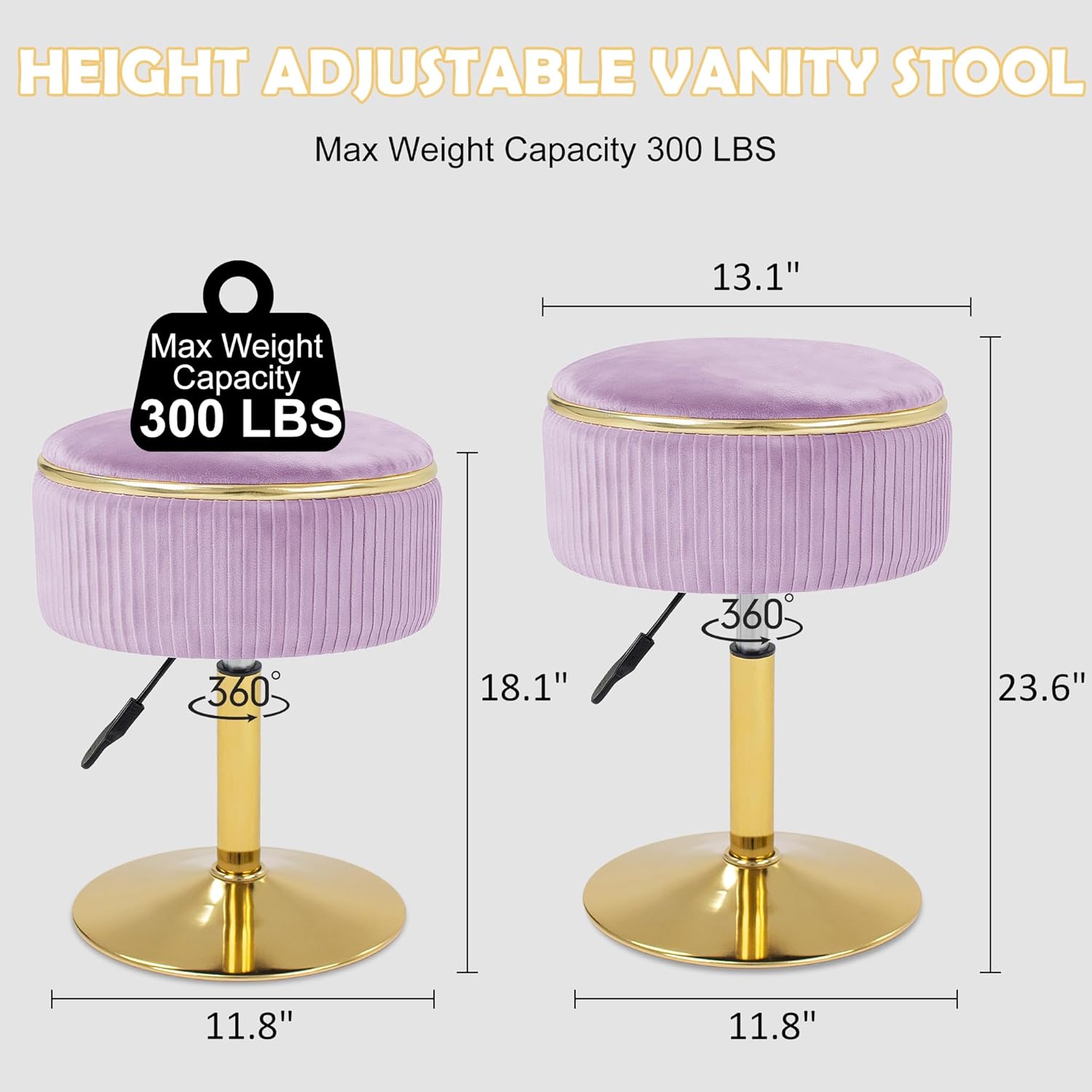 Adjustable Vanity Stool with Storage, 360° Swivel Makeup Stool Chair Small Velvet Round Ottoman with Gold Base for Bedroom (Purple)