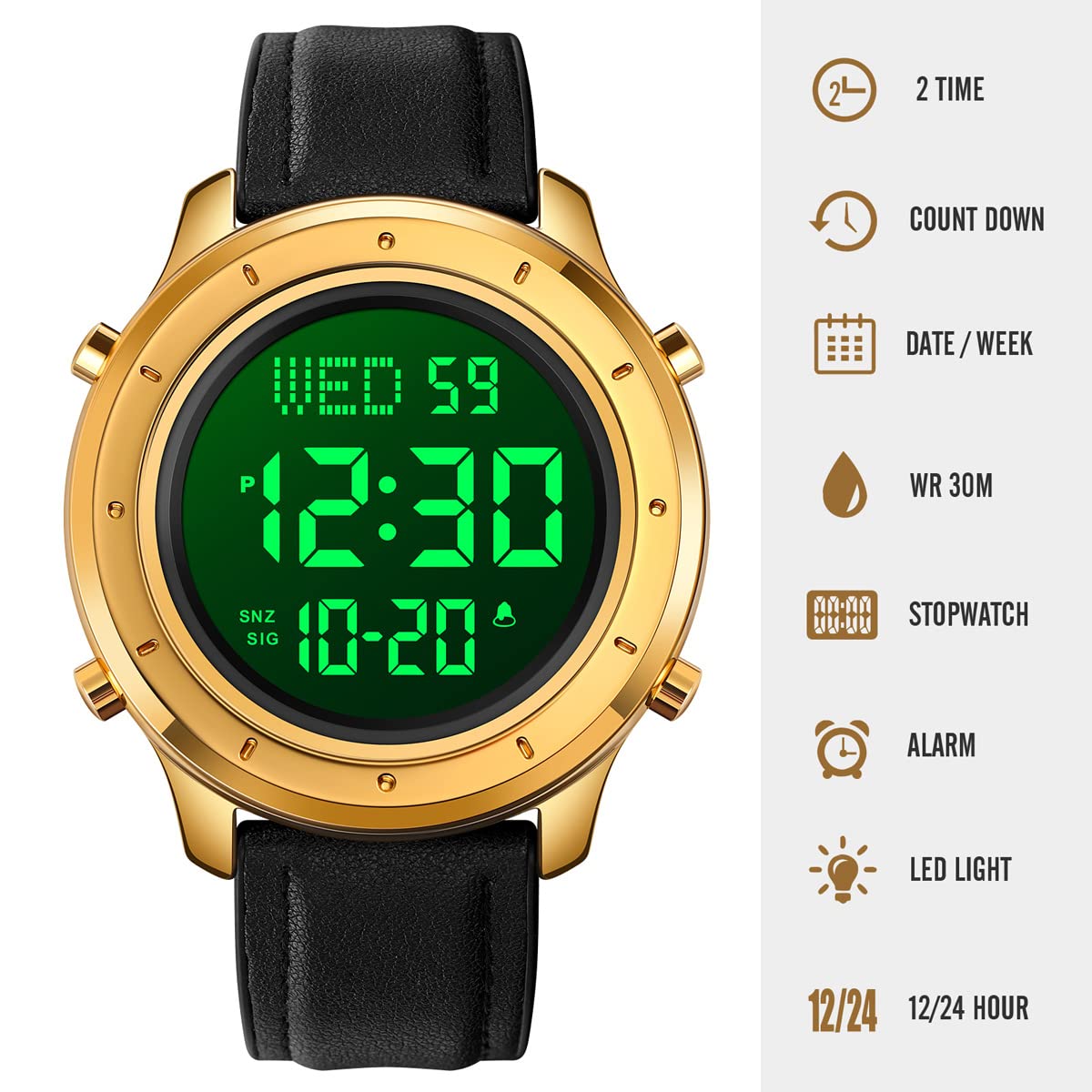 Reloj digital para hombre, reloj de pulsera LED, minimalista, de acero inoxidable, resistente al agua, cronómetro