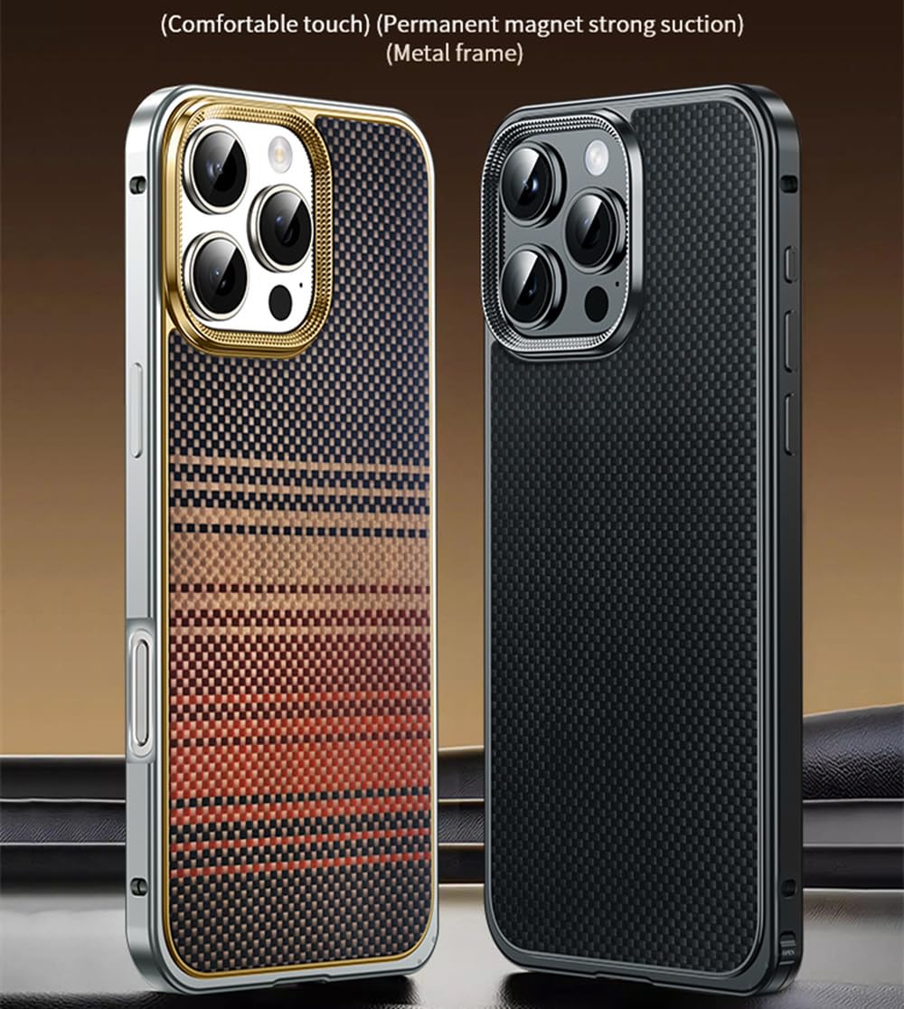 Funda de Fibra de Carbono para iPhone 16, 15, 13 y 14 Pro MAX, con Borde metálico anticaídas y Carga inalámbrica magnética, Color Dorado Desierto, para iPhone 15