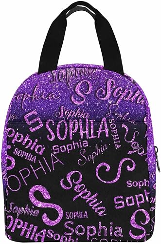 Miniatura 2 de InterestPrint Nombre personalizado en la bolsa de almuerzo para hombres y mujeres, lonchera con monograma con purpurina morada, bolsa de almuerzo