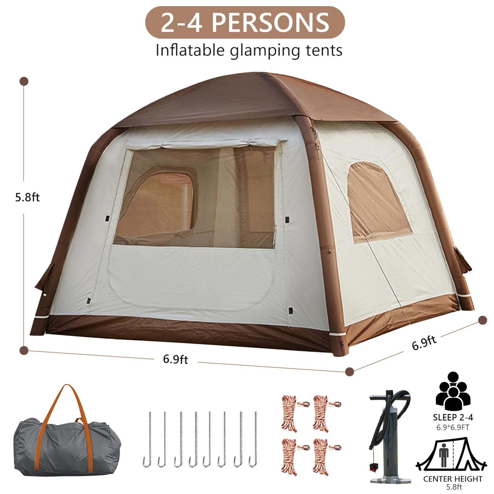 Aufblasbares Campingzelt, aufblasbare Glamping-Zelte für 2/4/6/8 Personen zum Campen, Reißverschlusstür Einfacher Aufbau Aufblasbare Zelte Großes Haus mit Regenschutz und Moskitonetz