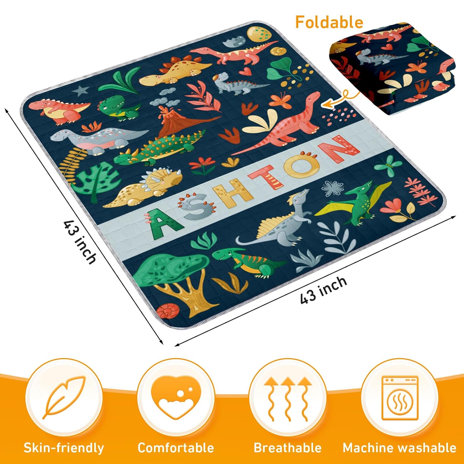 Baby Playmat for Boys Custom Foldable Padded Crawling Mat for Toddler Kids, Soft Washable Non-Slip Activity Mat for Floor Tummy Time Dinosaur Nursery Decor Baby Gift(47"x 59")