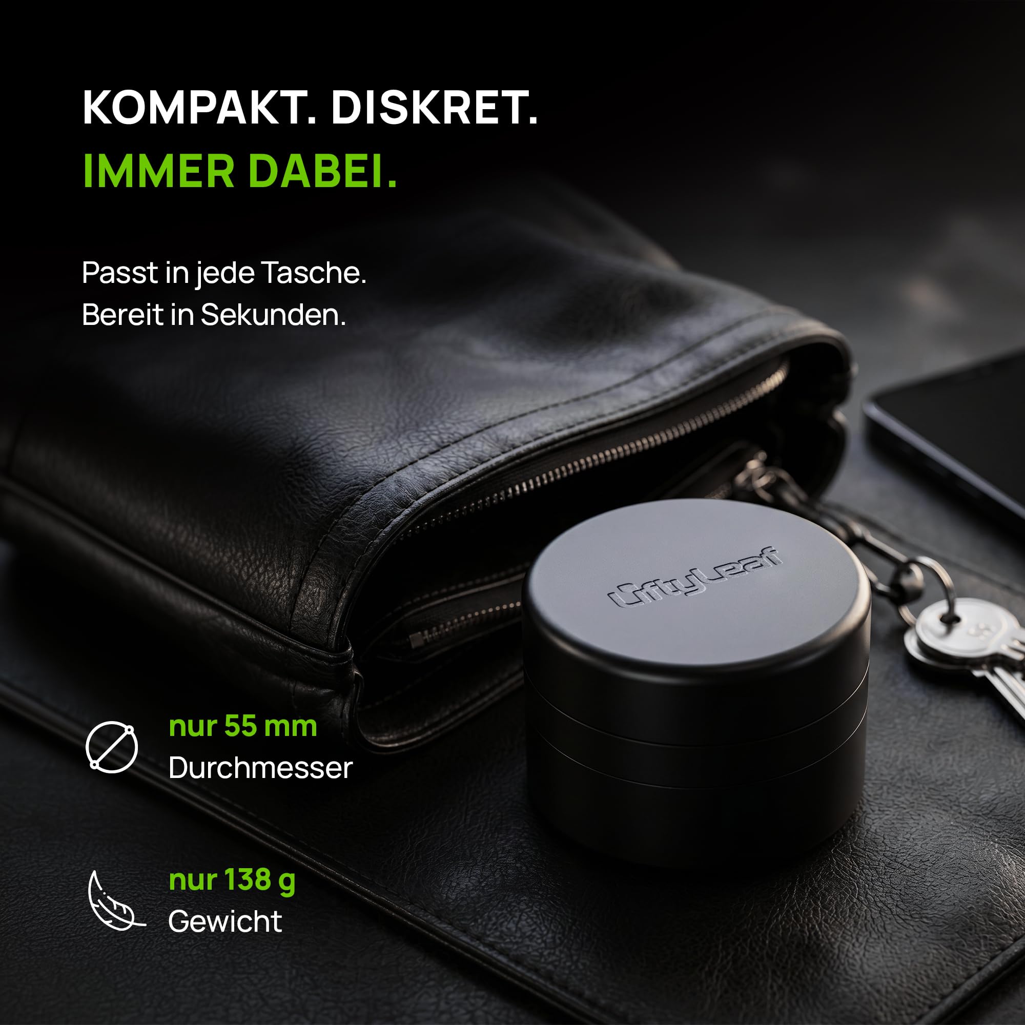Flow 55 Kräutermühle 55 mm – Premium Grinder Set 3-teilig aus Aluminium, Zahnloses Design ohne Verstopfen, Metall Grinder mit Magnetverschluss, Kompakt Schwarz