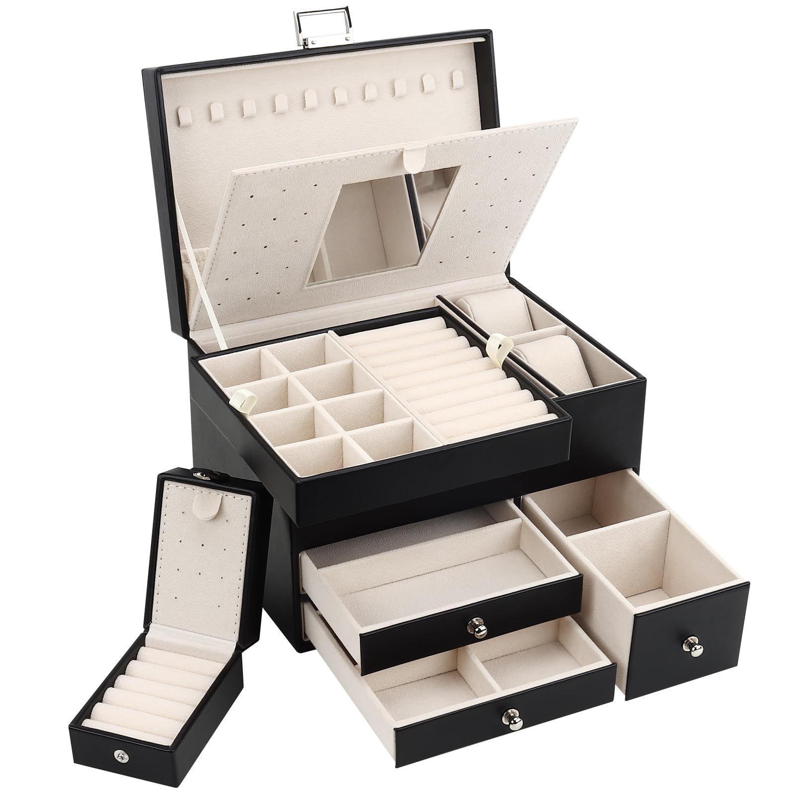 Caja Joyero de 3 Capas de PU, Joyeros Mujer Organizador Grande con Cajones, con Mini Caja Portátil para Viajar, Caja Organizador de Joyas para collares, pendientes, anillos, Negro