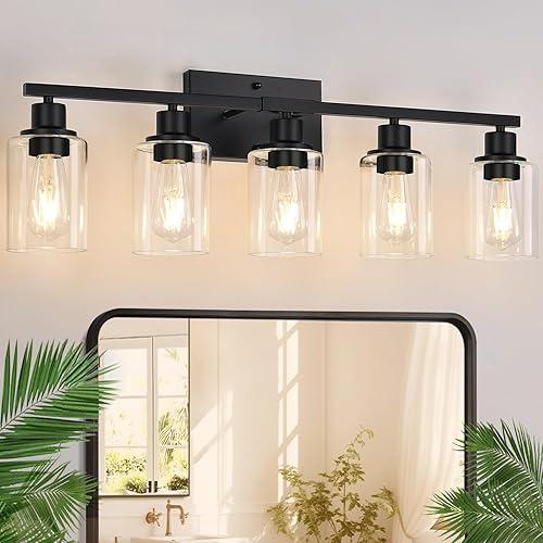 Miniatura 19 de Lámparas de baño de 4 luces, luces de tocador de níquel cepillado con pantallas de vidrio transparente, moderna lámpara de pared de baño para