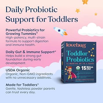 LOVEBUG Kids Probiotic Powder with Prebiotic Fiber - Toddler Immunity Support & Constipation Relief - USDA Organic Probiotics for Childrens Gut & Digestive Health (Ages 1-4) - 30 Pack (Unflavoured)