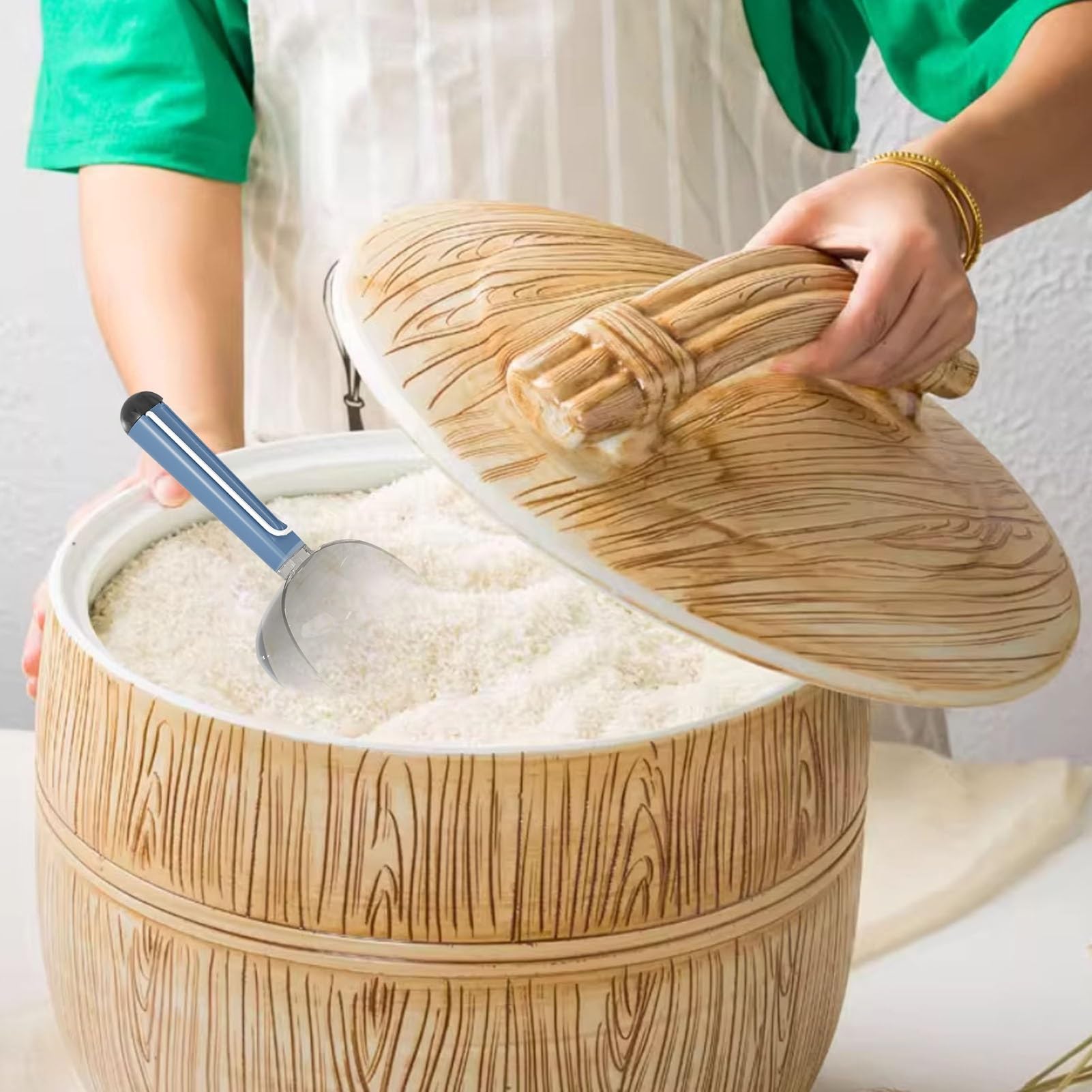 Bote de arroz cerámico con tapa y taza medidora， organizador despensa familiar grande- para alimentos secos, granos, cereales, harina, azúcar, pasta, café, frutos secos(22lb/10kg)