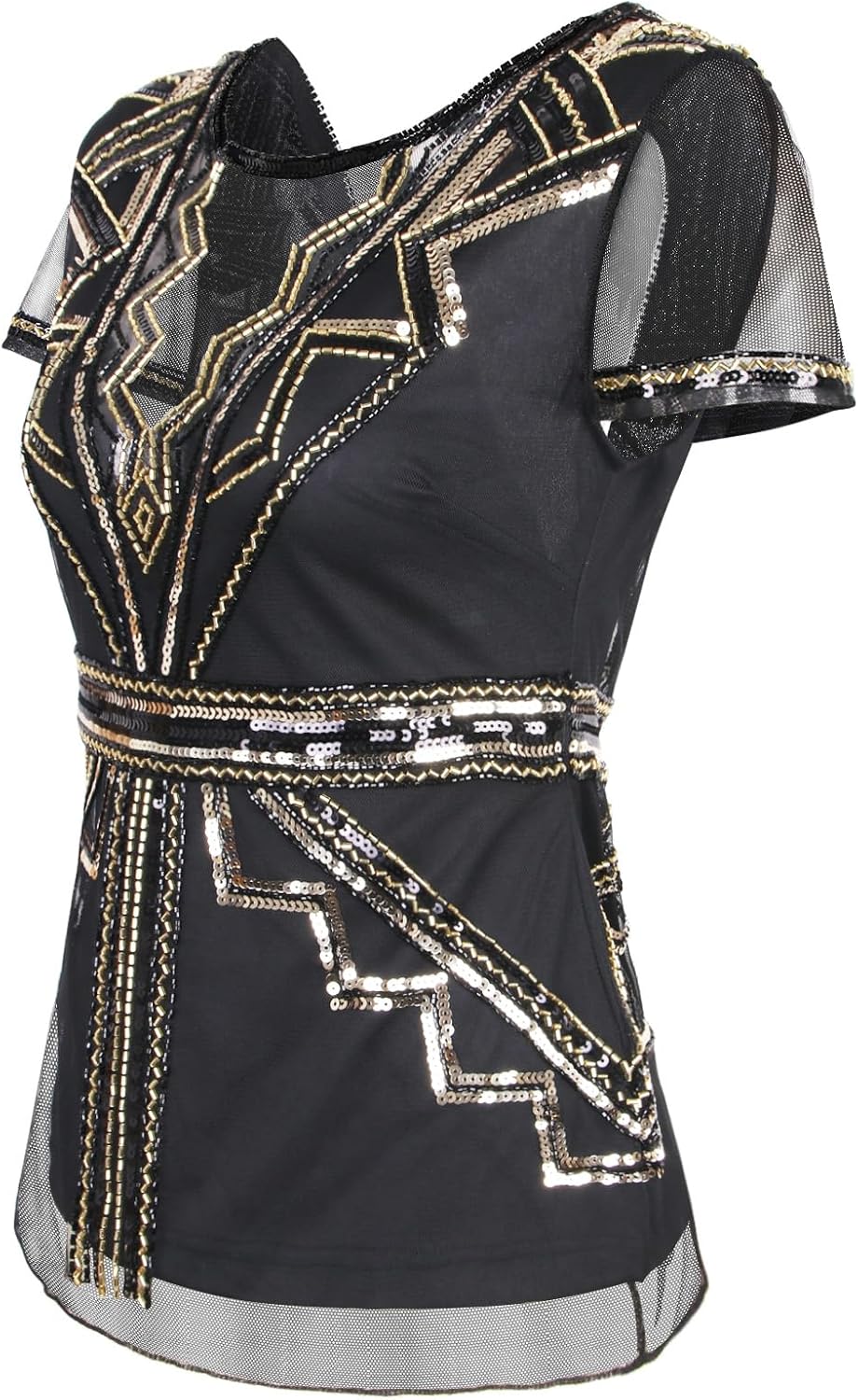 Vijiv Women's 1920s Inspired Beaded Sequin Top V Neck Shimmer Glitter Blouse Short Sleeve Formal Gatsby Shirt - Image 6
