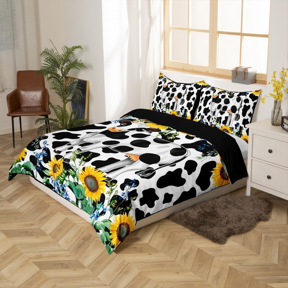 Erosebridal Sunflower Bedding Set Full Black White Milk Cow Duvet Cover Black White Cow Print Comforter Cover for Kids Girls Teens Women Farm Animal Bedspread Cover 2 Pillow Cases Rustic Room Decor