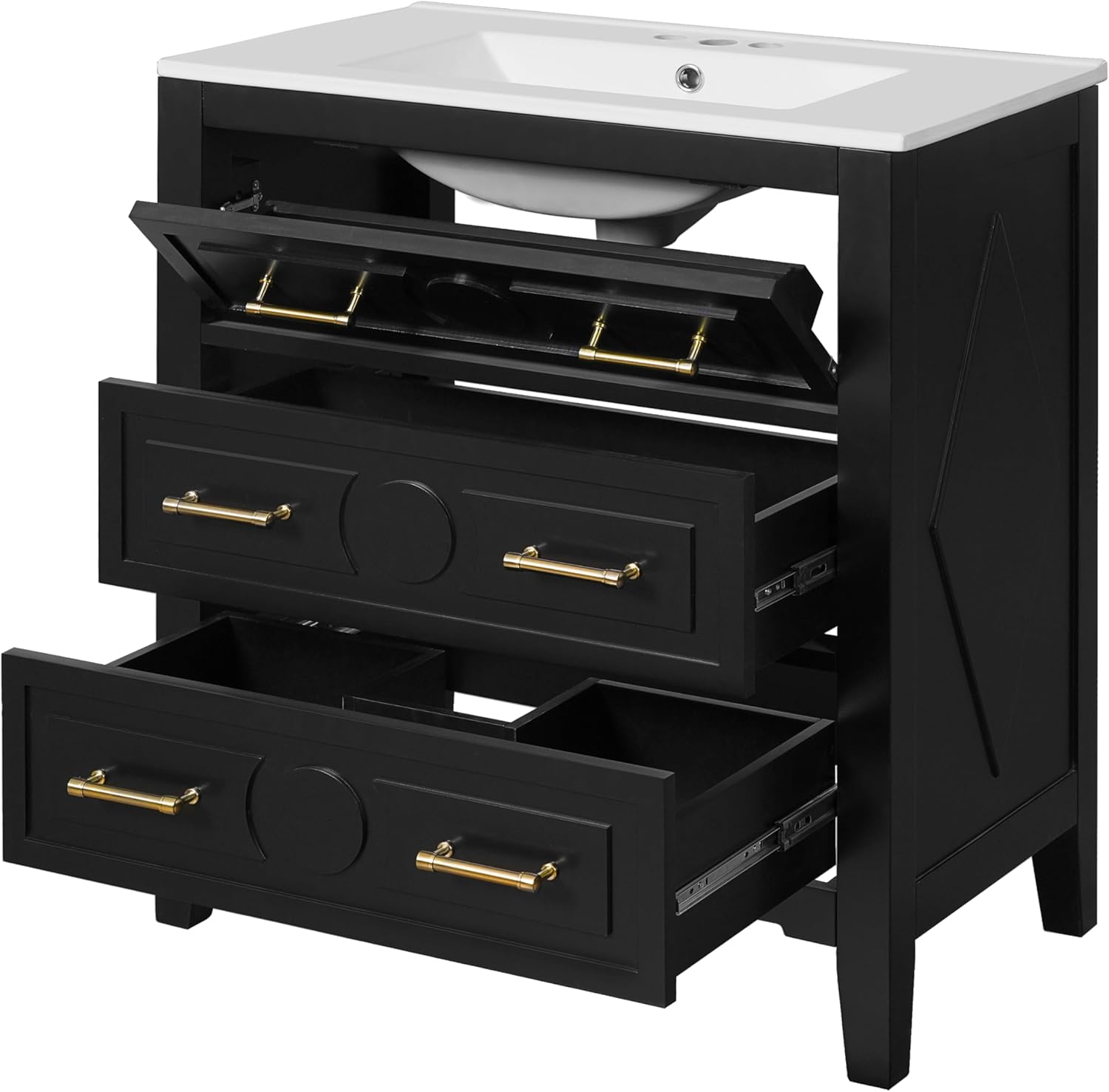 Merax 30" Bathroom Vanity with Sink Top, 3-Drawer Bathroom Vanity Storage Cabinet with Gold Pulls, Tip-Out Drawer, Solid Wood Frame Bath Storage Vanity with Ceramic Sink