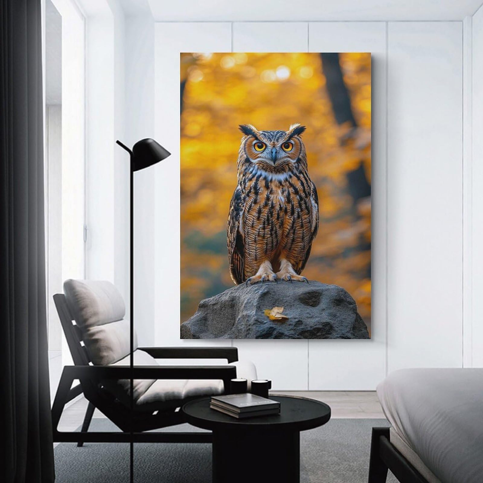 Junmoney Unframe-Style-3 Owl Perched On Rock In Autumn Hanging Wall Art, 24X36inch(60X90cm), For Entrance Walls, Hall Decor Or Foyers, Wall Decor To Refresh Empty Corners