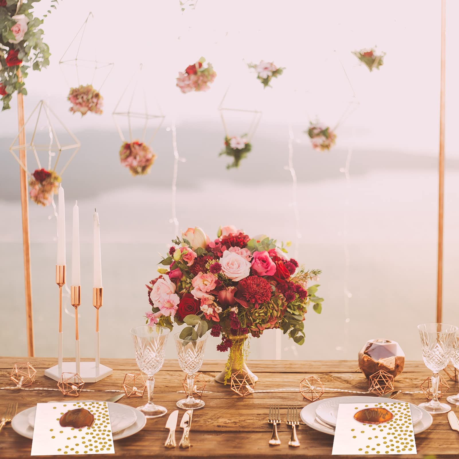 40 Tovaglioli Dorati Usa E Getta – 33x33 Cm, Bianchi Con Pois Oro, 2 Strati, Per Feste Compleanno, Matrimoni, Baby Shower, Anniversari - 3