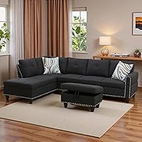 Vista 3 de Sofá seccional en forma de L con chaise móvil y otomana de almacenamiento, cómodo sofá modular convertible de 3 piezas para sala de estar