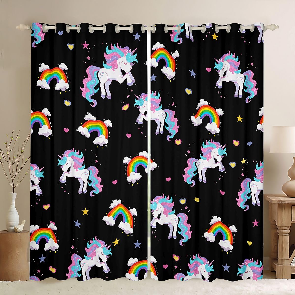 Homewish Jednorożce zasłony okienne, 117 x 137 cm, 2 zestawy paneli – galaktyka gwiazdy, fantazyjne zasłony zaciemniające wzór w gwiazdki, chmura, zasłony okienne, kawaii, dzika przyroda, zwierzę do