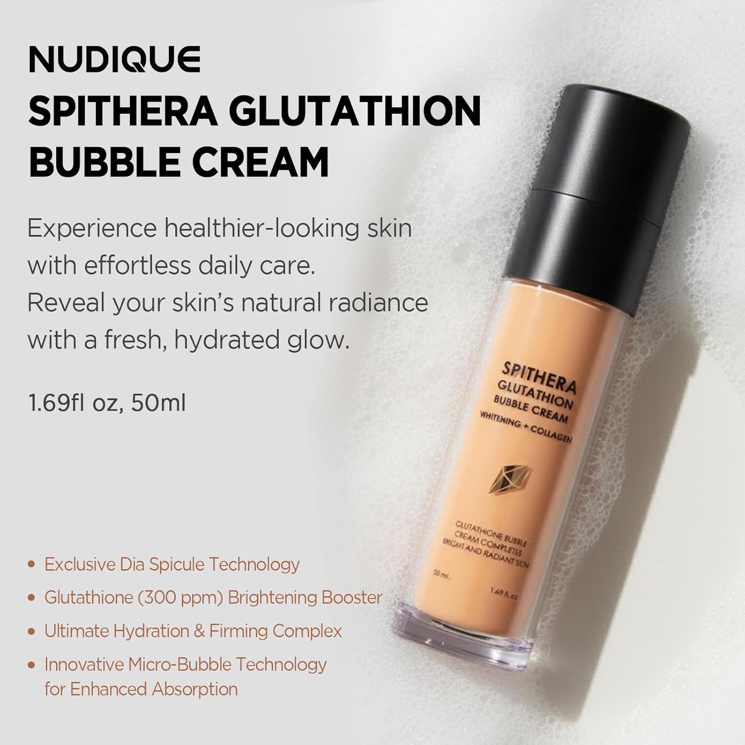 Glutathione Brightening Face Cream – Bubble Cream with Niacinamide & Collagen for Even Skin Tone & Radiant Glow, 1.69 fl oz (50ml)