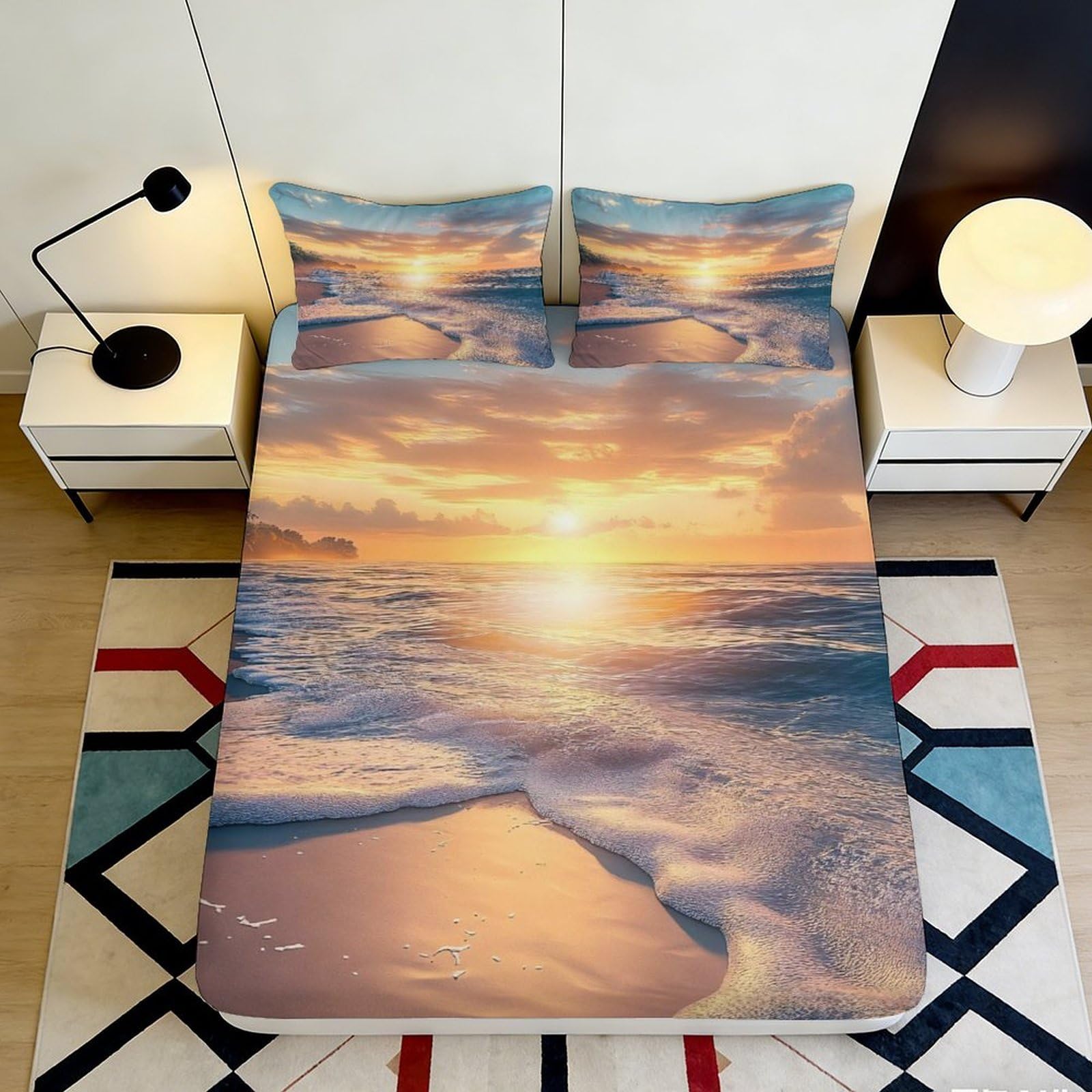 3D Printed Sunset Beach Fitted Sheet Microfiber Soft Breathable Ocean Wave Mattress Cover for Bedroom Decor 90x200x25cm