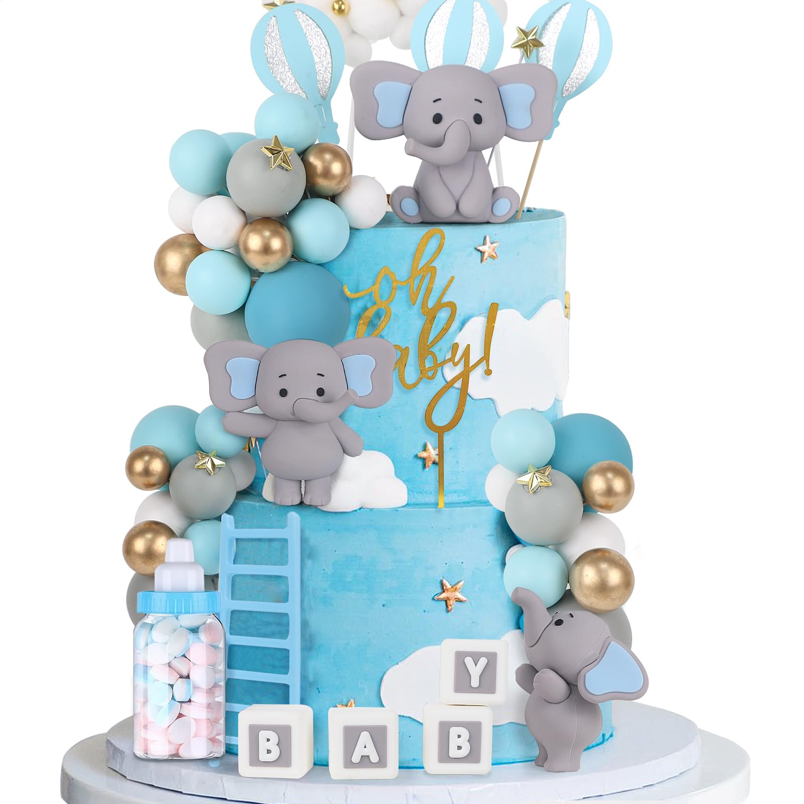 Acmee 44 PCS Elephant Cake Toppers - Mini 3D Elephant BABY Letters Milk Bottle Blue Gold Foam Balls Cake Toppers for Boy Girl Birthday Party Baby