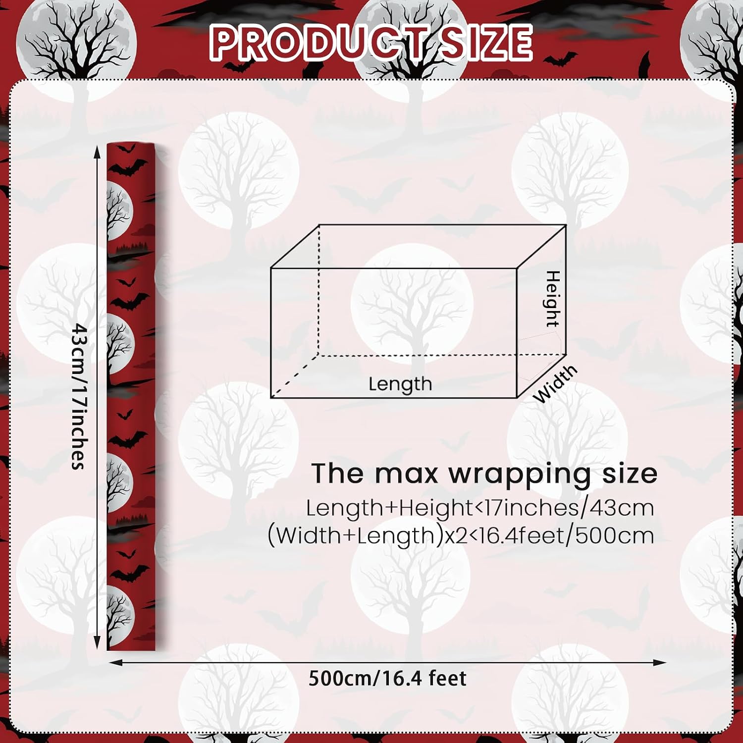 Joviwrap Strange Wrapping Paper Roll, Red and Black Trees Gift Wrap, Full Moon & Bats Gift Packing Paper for Goth Halloween Birthday Spooky Horror Party Decor, 17Inch x 16.5Feet image 2