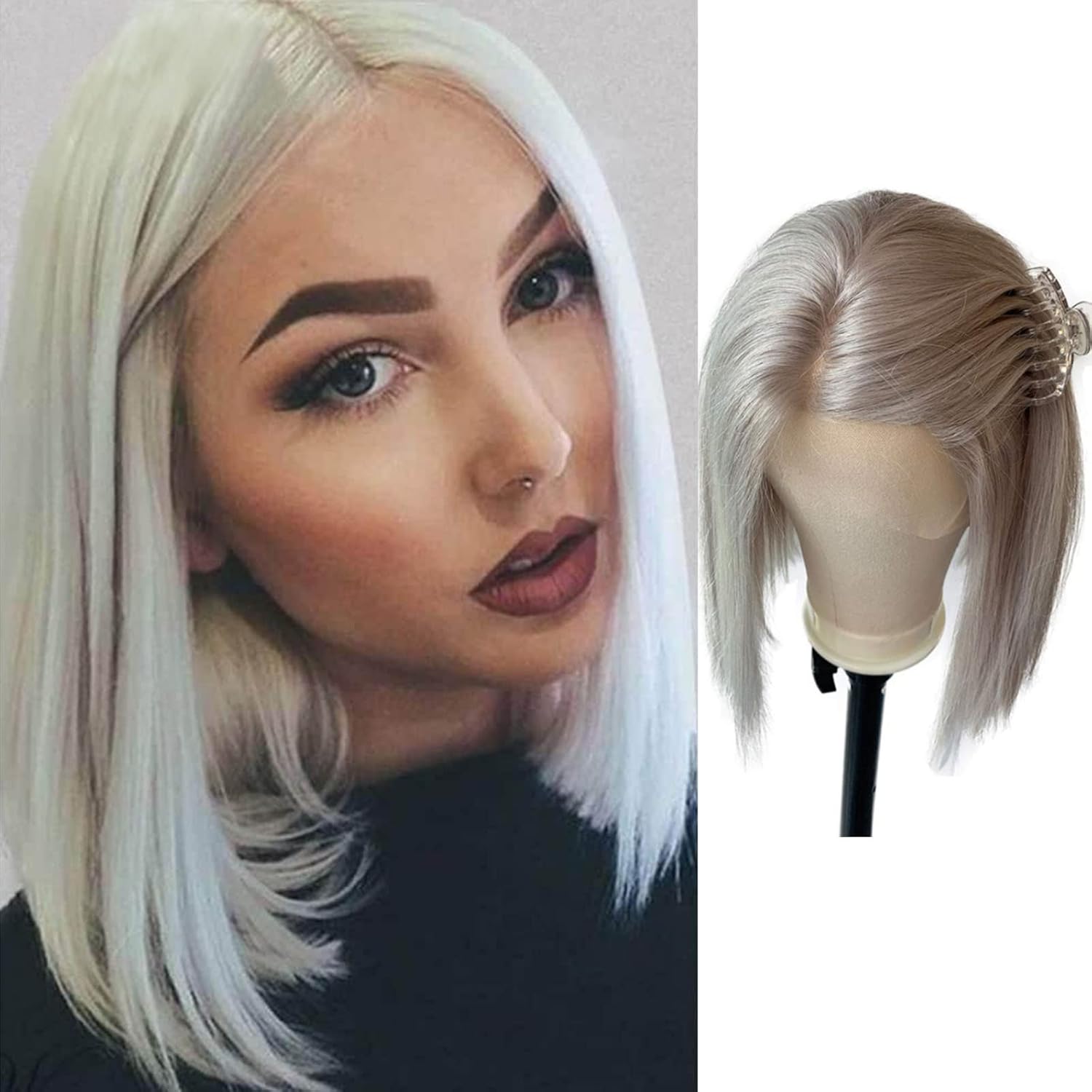 Grey Human Hair Bob Wigs 13x1 T Part Lace Front 10Inch Sikly Straight 180 Density
