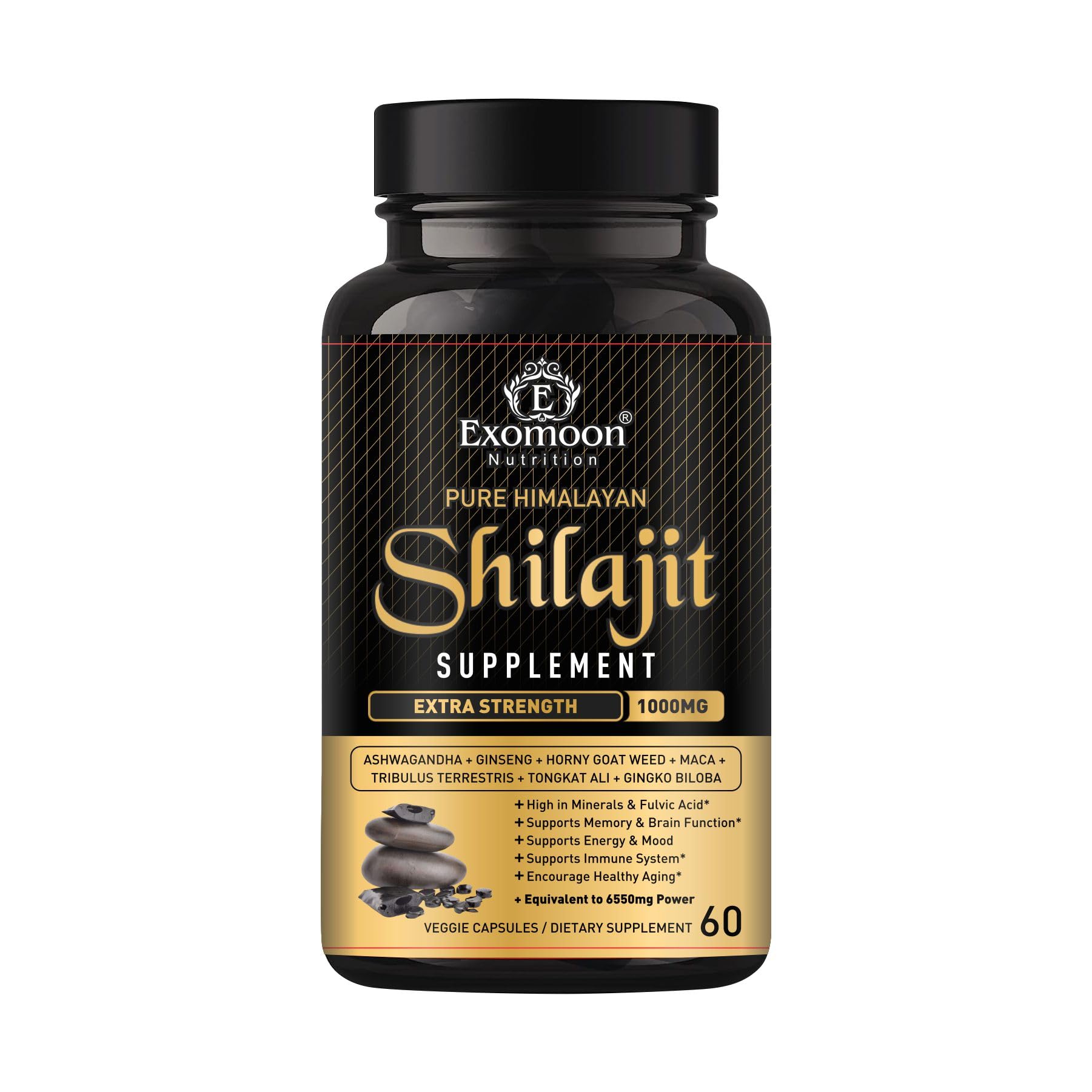 Pure Himalayan Shilajit Capsules Supplement Max Strength High Fulvic Acid With 85+ Trace Minerals Energy, Performance, Immune Support,non Gmo,60 Capsules