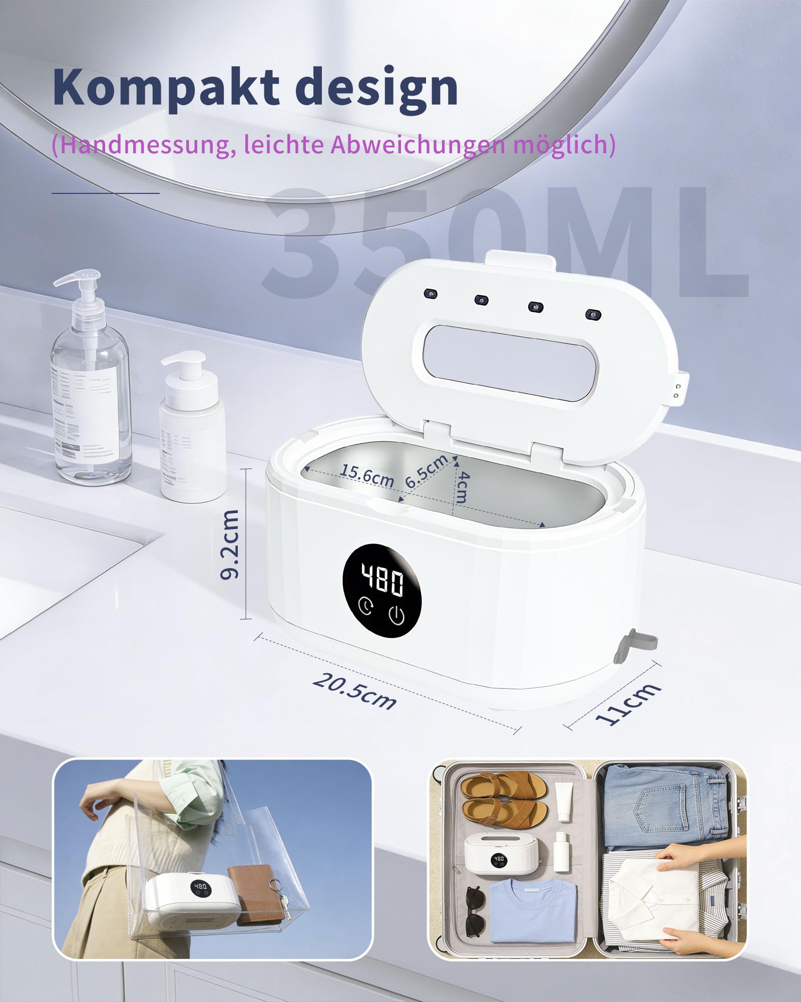 Ultraschallreinigungsgerät, 640ml Brillenreinigungsgerät, 49000Hz Ultraschallreiniger professionelle, 5 Modi Ultrasonic Cleaner mit Display, für Brille, Schmuck, Uhren Ringe