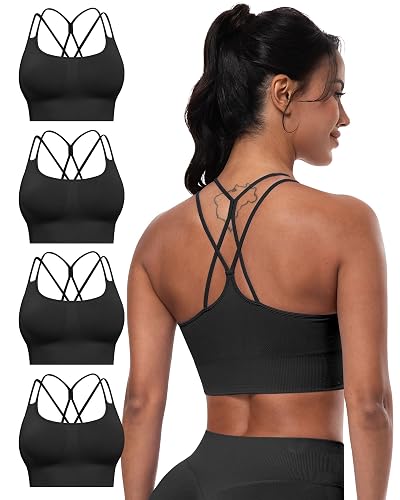 CHRLEISURE Sports Bras for Women, 4 Packs Padded High Support Workout Yoga Seamless Criss-Cross Racerback Bras - Small - 4 Packs - Black, Black, Black, Black