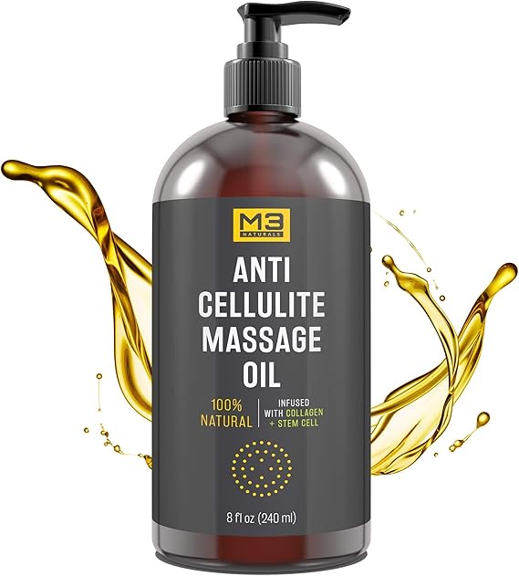 M3 Naturals Anti Cellulite Massage Oil Infused with Collagen and Stem Cell All Natural Lotion Help Firm Tighten Skin Tone Treat Unwanted Fat Tissue Stretch Marks Cellulite Removal Cream 8 fl oz