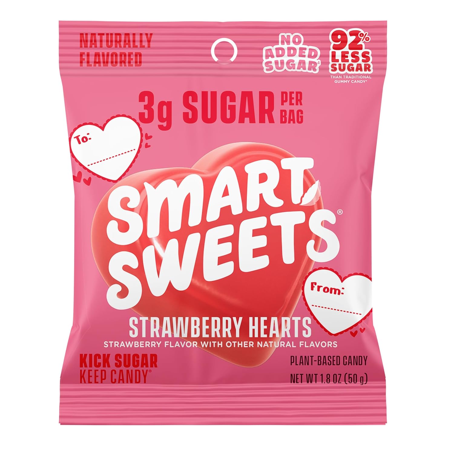 SmartSweets Strawberry Hearts, Gluten Free Gummies, Plant Based, Healthy Snacks for Adults & Kids, Fun Chewy Candy, Low Calorie, Low Sugar Snack, No Artificial Sweeteners, 50g Bags, 14 Pack