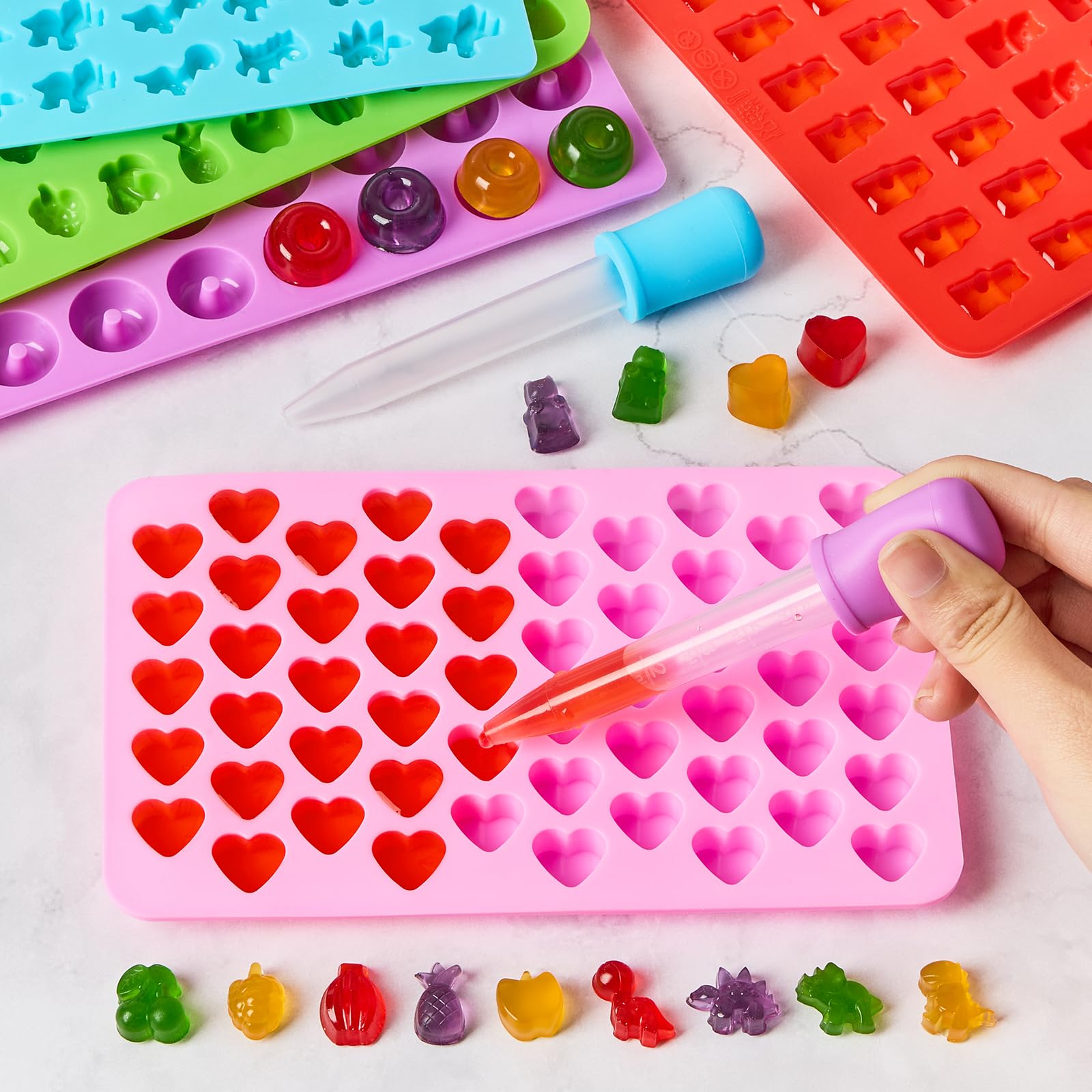5 moldes de silicona para caramelos con 2 cuentagotas, moldes de silicona antiadherentes y sin BPA para mini gelatina, caramelo, chocolate, gomitas