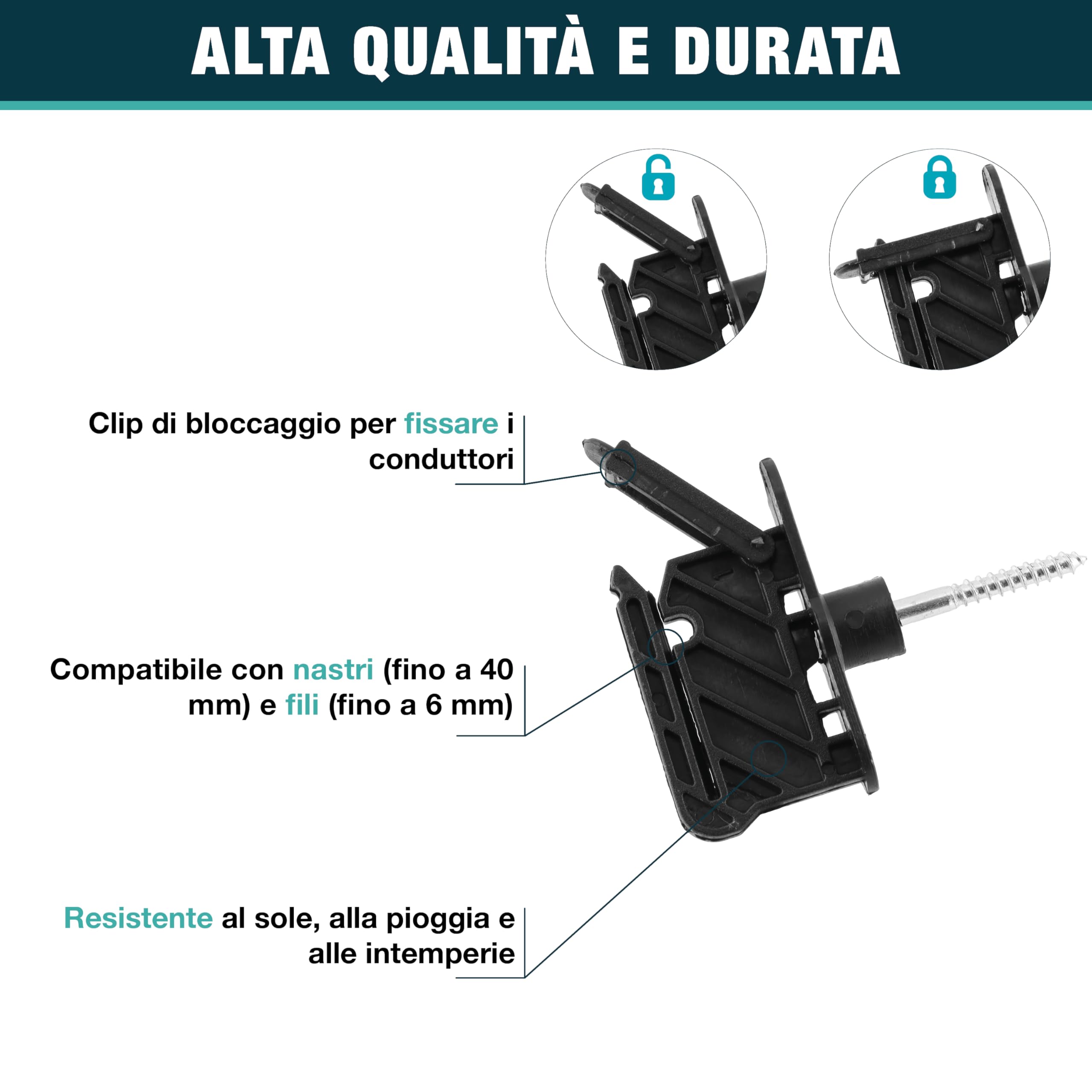 Isolatori a vite per recinzioni elettriche - Confezione da 50 pezzi - Per funi, corde, nastri fino a 40 mm - Da avvitare - Per pali in legno - Chiusura a clip