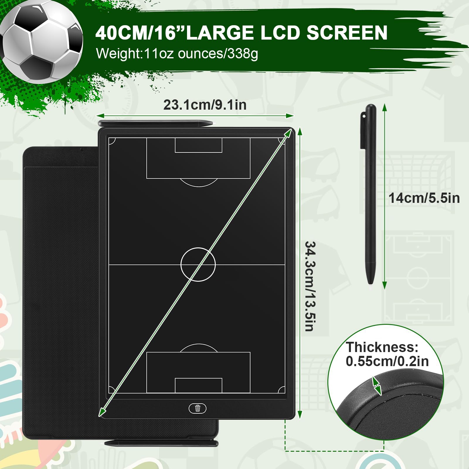 Lavagna Tattica Calcio 40,6 cm & Board LCD Allenatore - Lavagna Digitale Riutilizzabile Grande con Blocco per Allenatori e Giocatori di Football