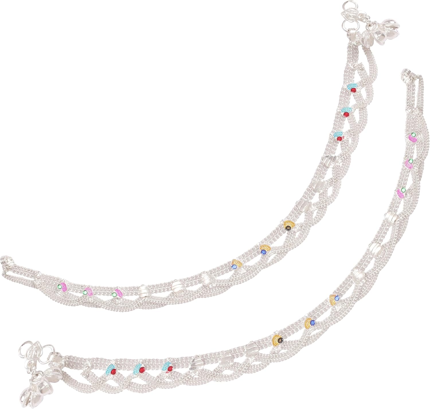 NEW! Touchstone Indian Bollywood Handcrafted Beaten Metal Feet Motif Colorful Meenakari Sweet Sound Pretty Stylish Designer Jewelry Payal Paazeb Anklets in Silver Tone for Women.