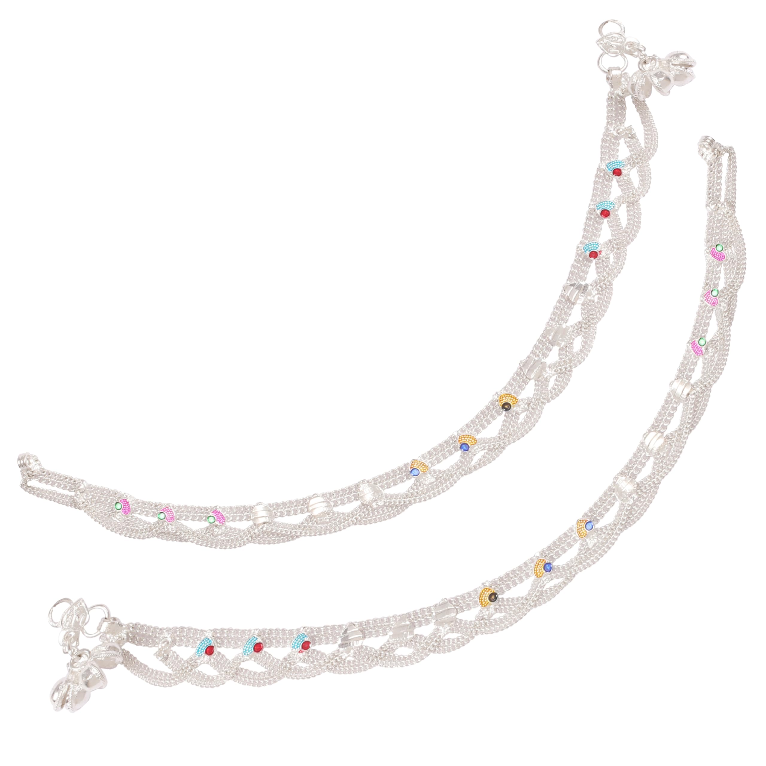 Indian Bollywood Handcrafted Multicolor Rhinestones Sweet Sound Style Definition Designer Jewelry Payal Paazeb Anklets in White Tone for Women.-image-49