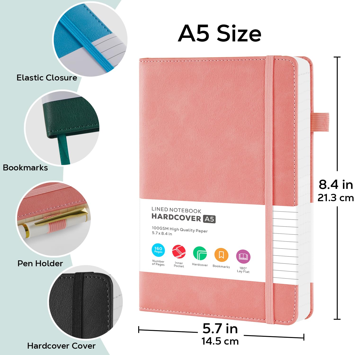 FOCUS DAY A5 Notebook Journal Hardback, 2 Pack Lined Notepad with 100GSM Thick Paper - Image 2