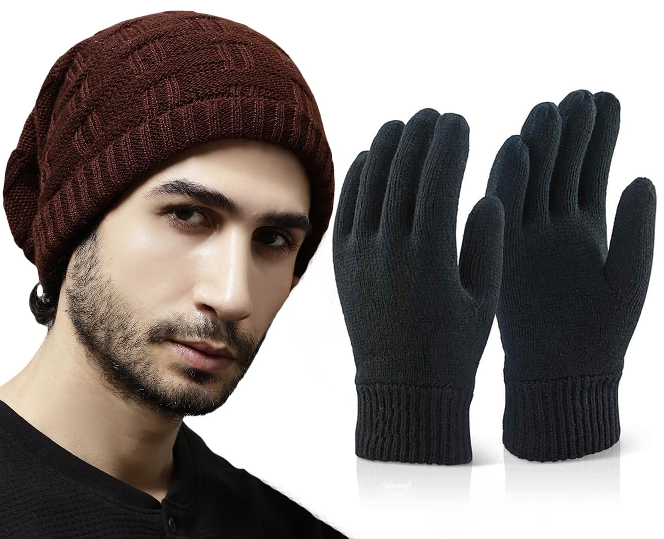 Weavers Villa Set of Snow Proof Inside Fur Acro Wool Unisex Beanie Cap Knit Hat Thick Fleece Lined Winter Cap with Gloves for Men & Women, Free Size