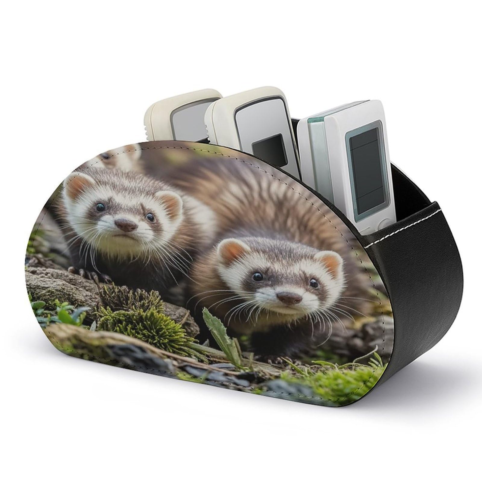 FekiLoot Leather TV Remote Control Holder with 5 Compartments Multifunctional TV Remote Holder Bedside Table Remote Caddy Storage Box Ferrets Remote Organizer for Home Office