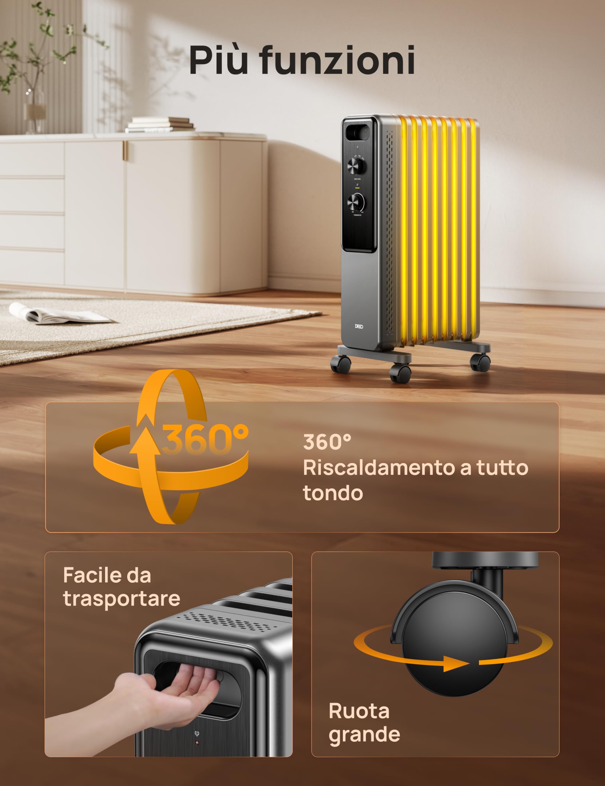 Dreo Radiatore a olio 2000W con 9 elementi, stufa elettrica silenziosa per camera da letto, termostato regolabile, protezione surriscaldamento e ribaltamento, blocco bambini e risparmio energetico
