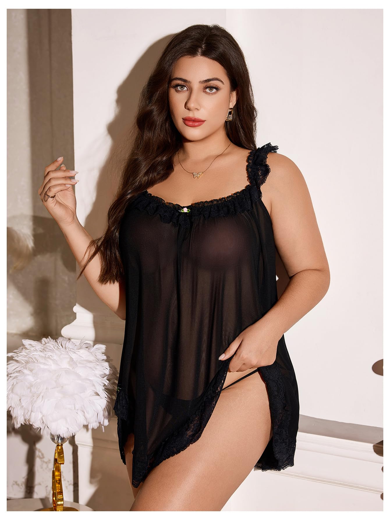 OYOANGLE Women's Plus Size Lace Sheer Chemise Nightgown and Thongs 2 Piece Lace Babydoll Lingerie Set: X-Large Plus Black