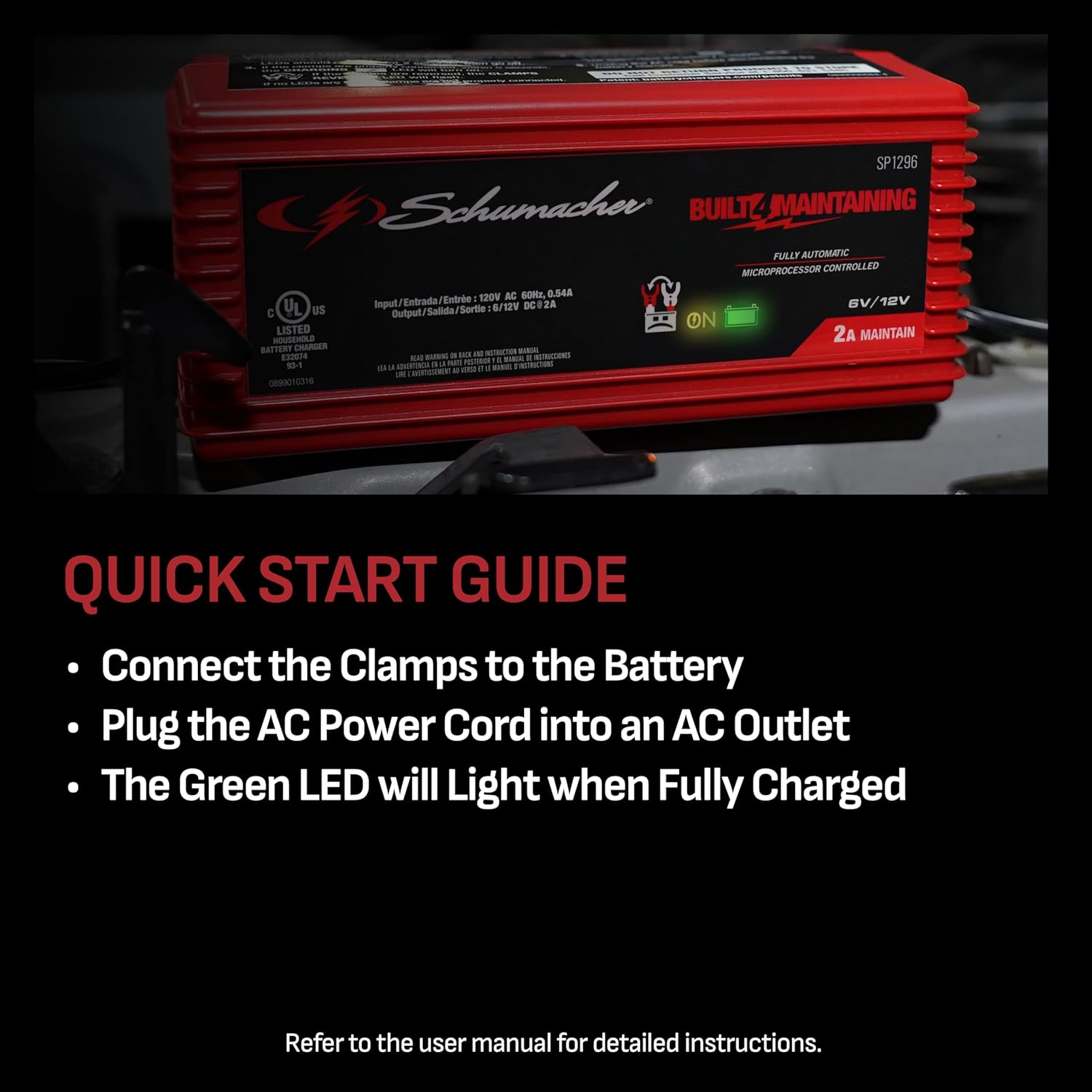 Schumacher Electric 2A Car Battery Charger and Maintainer, 3-in-1 Solution, for 6V/12V Power Sport, Automotive, and Marine Batteries, SP1296
